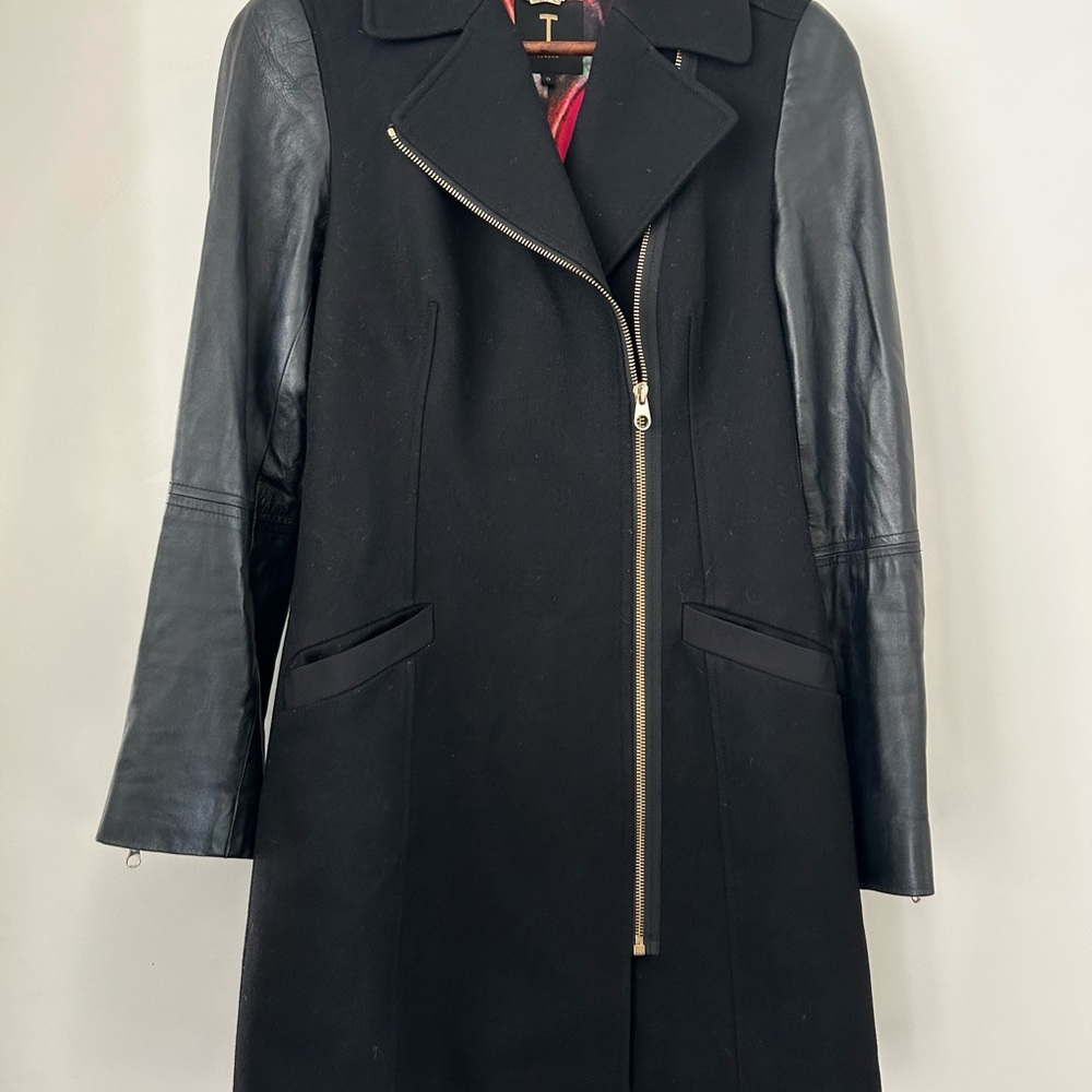 TED BAKER LONDON WOMENS BLACK ALYCIA WOOL CASHMERE LEATHER COAT SIZE 0 LINED